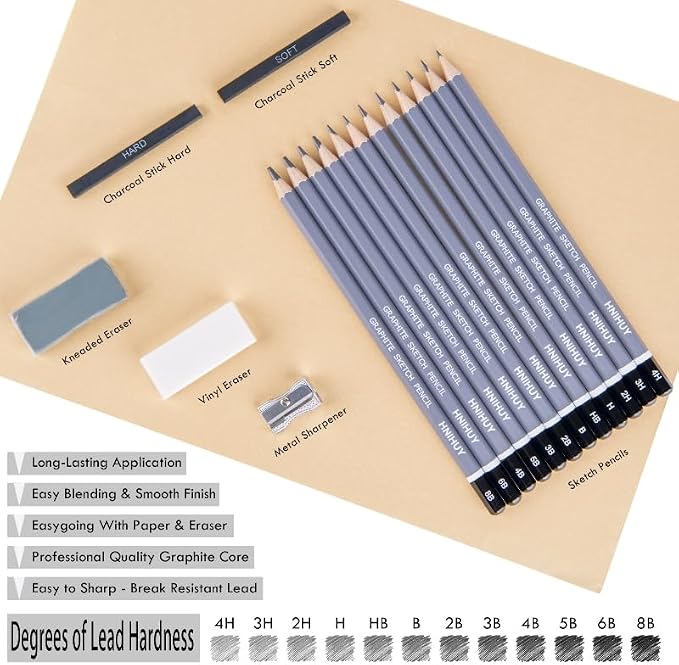 HNIHUY Professional Sketch Pencils Set, Graphite Pencils, Erasers and Sharpener - Image 2