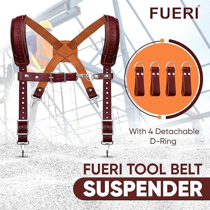 FUERI Nylon Leather Tool Belt Suspender Men Heavy Duty 26 Pocket Tools Bags Pouches Holder Organizer for Carpenter Construction Electrician Framer (Green & Maroon Tool Belt Set, Extra Large 42" - 48")