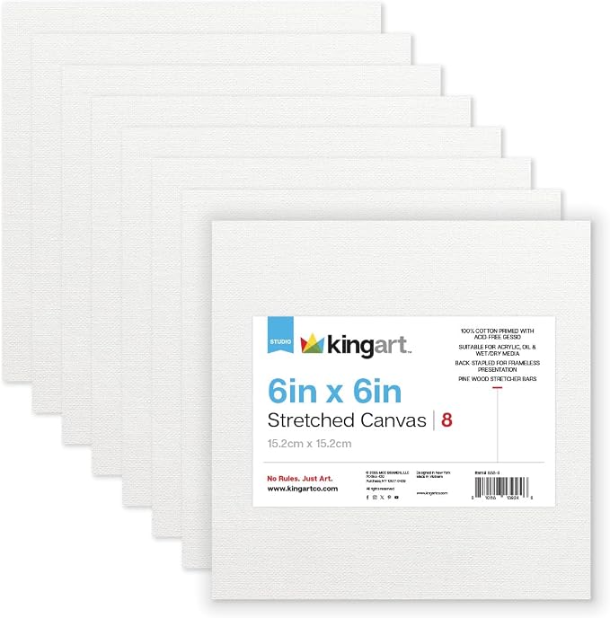KINGART Stretched White Canvas Set – Square, 6x6 Inch, Triple Gesso Primed – by KINGART