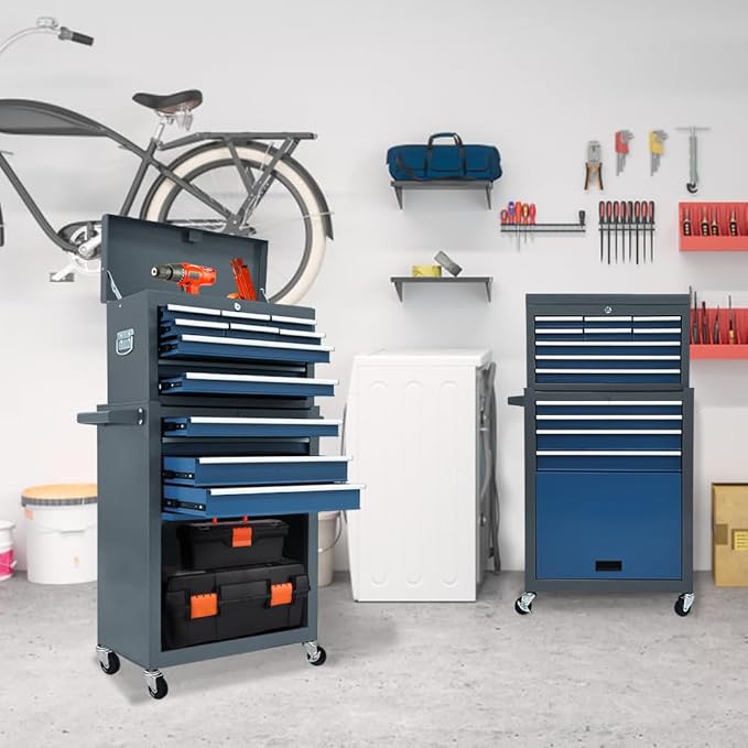 13 Drawers Tool Chest with Wheels,Large Capacity Tool Storage Cabinet with Removable Top Toolbox, Locking Mechanical Tool Cart with Liner,Suitable for Garages, Warehouses-Blue&Grey