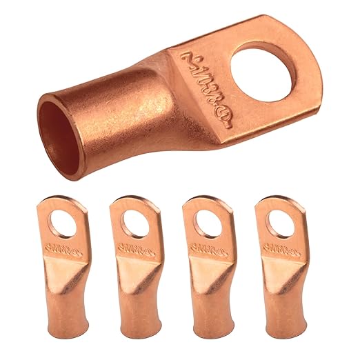 SELTERM 5pcs 1/0 AWG 3/8" Stud Copper Wire Lugs, Ring Terminals, Battery Cable Ends, 0 Gauge Ring Terminal Connectors, UL Heavy Duty Bare Copper Eyelets Battery Terminal Connectors