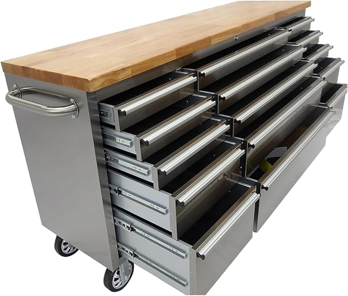 72 inch Tool Chest with 15 Drawers for Garage, Workbench and Repair Store, Tool Cabinet in Stainless Steel (72 inch - Stainless Steel)