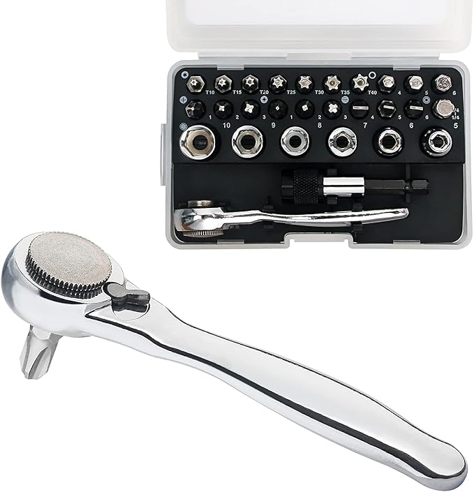 Sharden 1/4 Mini Ratchet Set 28pcs Right Angle Screwdriver and Bit with Metric Socket Set, 72 Tooth Small Ratcheting Wrench Offset Screwdriver Low Profile Stubby Ratchet for Tight Spaces