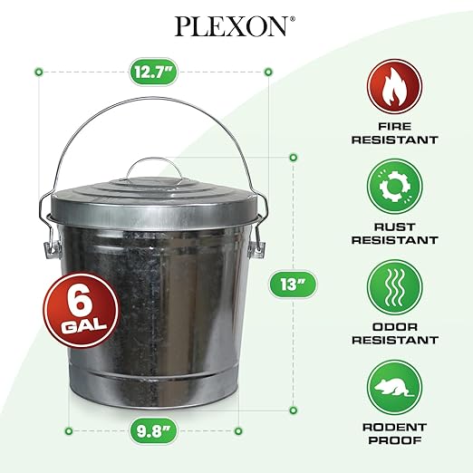 Plexon Galvanized Steel Locking Lid Trash Can, 6-Gallon