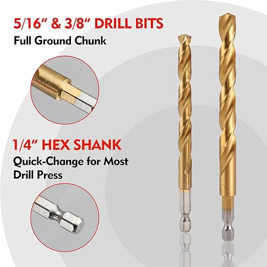 WORKPRO 9-Piece 1/4" Hex Shank Drill Bit Set, Titanium Plating HSS Drill Bits from 1/16" to 3/8" for Metal, Steel, Wood, PVC, Quick Change Design