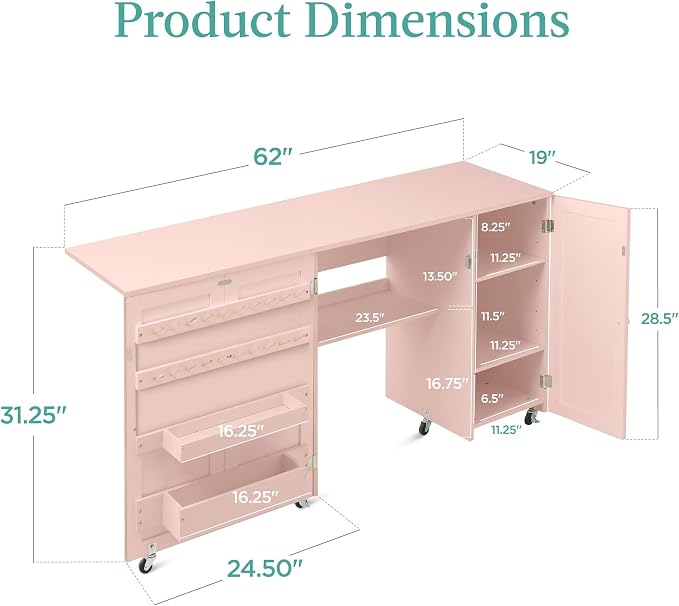 Best Choice Products Large Folding Sewing Table, Caster Wheels, Storage Shelves - Image 2