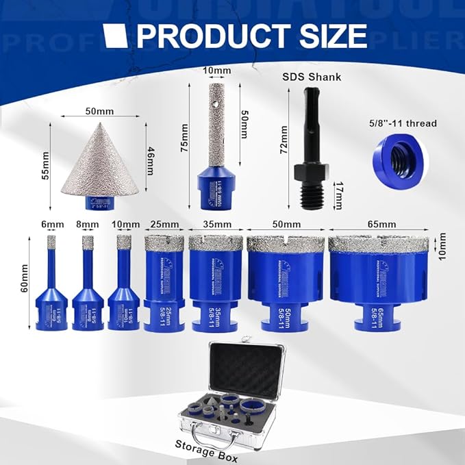 SHDIATOOL Diamond Drilling Core Bits Set Chamfer Bits for Porcelain Tile Marble Ceramic Granite Milling Kit 5/8"-11 10pieces