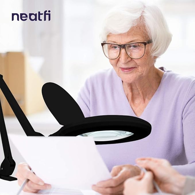 Neatfi LED Magnifying Lamp with Clamp, Dimmable, 6500K Color Temperature, Glare-Free, for Sewing, Painting, Jewelry Making, and Reading (Black, 6 Inch Glass Lens)