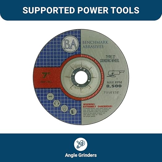 Benchmark Abrasives 7 Inch Grinding Wheel for Metal, Steel, Fiberglass - Thin Type 27 Depressed Center Angle Grinder Cutting Disc with 7/8" Arbor Hole, Cut Off Wheels Grinder Wheel - 10 Pack