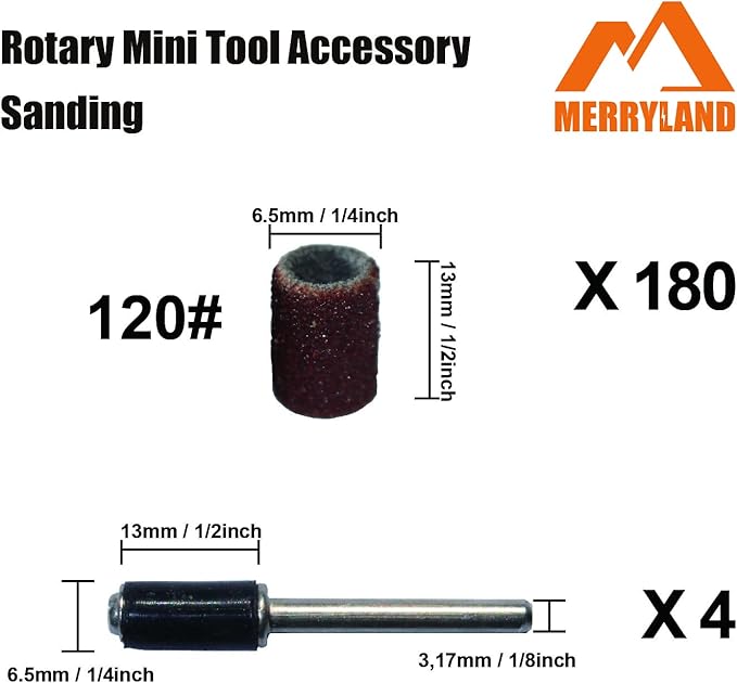 Merryland Drum Sander Sanding Band for Dremel 184pcs, 120# 1/4" Sanding Sleeve 180pcs and Mandrel 4pcs Rotary Tool, Electric Power Tool Accessory DIY, RMTA184C4