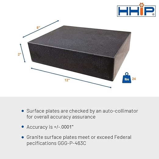 HHIP 4401-1598 12" X 8" X 2" Granite Surface Plate, Grade B, 0 Ledge