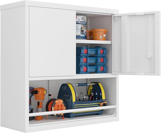 GREATMEET 31" H Metal Cabinets with Doors and Shelves, Lockable Storage Cabinet, Wall Cabinet Storage for Kitchen, Dining Room,White