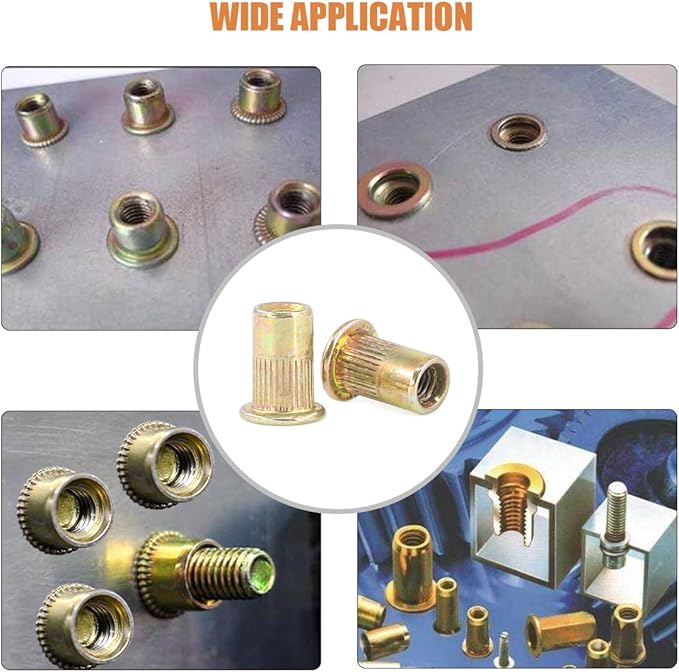 Keadic 150Pcs M3 Rivet Nuts Metric Zinc Plated Rivet Nut Carbon Steel Rivet Nut Flat Head Threaded Insert Kit Threaded Rivet Insert Nutsert Rivnuts Kit for Furniture
