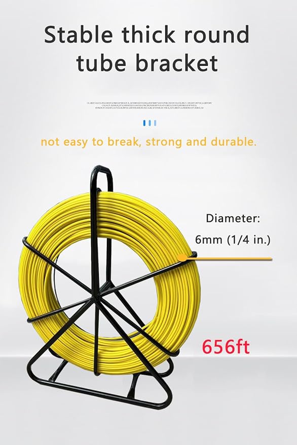 Fish Tape Fiberglass 6mm 656ft wire cable running electrical fish tape wire puller Cable Running Rod with Steel Reel Stand 【6mm*200m】