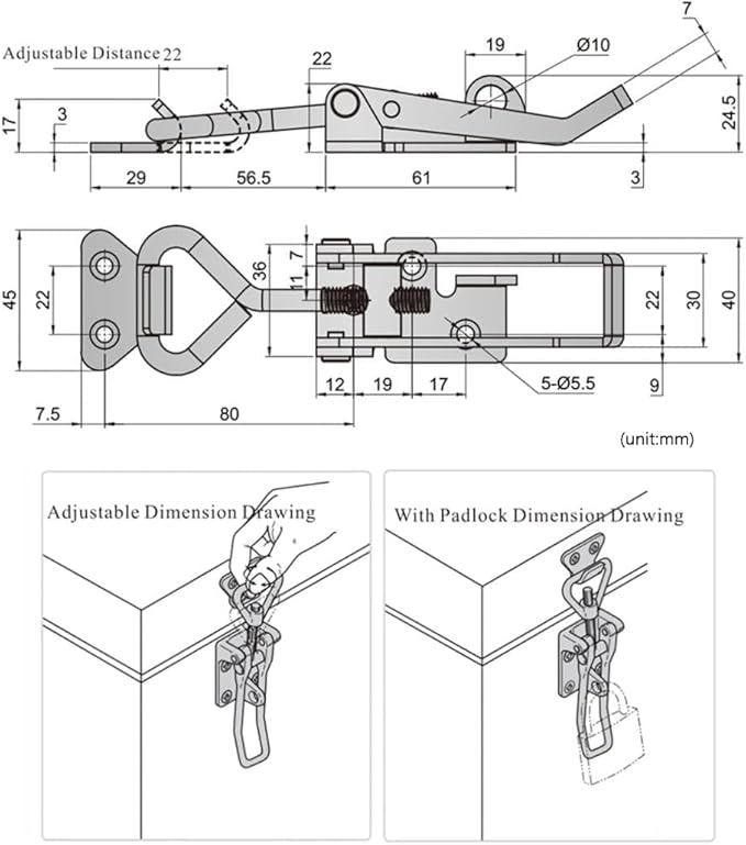 SYINE Adjustable Buckle Cabinet Boxes Lever Handle Toggle Catch Latch Lock with Screws,2 Pcs (3S,Range:126-148mm)