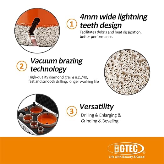 Diamond Core Drill Bit Kit BGTEC Diamond Hole Saw Tile Cutter for Porcelain Tile Ceramic Marble Brick, 5/8"-11 Thread 6/8/10/25/35/50/65mm+10mm Finger Bit+50mm Chamfer Bit+SDS Plus Adapter