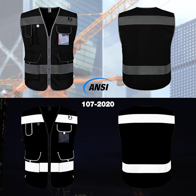 TCCFCCT Safety Vest 9 Pockets High Visibility Reflective Safety Vest for Men Women, Hi Vis Work Vest with Reflective Strips, Meets ANSI/ISEA Standards, (Black, 3X-Large)