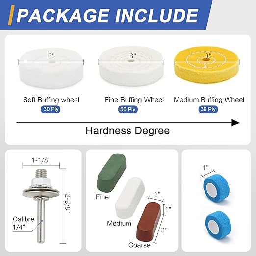 SCOTTCHEN 3inch Buffing Polishing Wheel with 1/4" Shank for Drill, 3/8" Arbor Hole,Soft/Fine/Medium -3pcs,with Buffing Polishing Cutting Compounds 7.4 Oz.Kit,with 2 Pack Non-Woven Bandage
