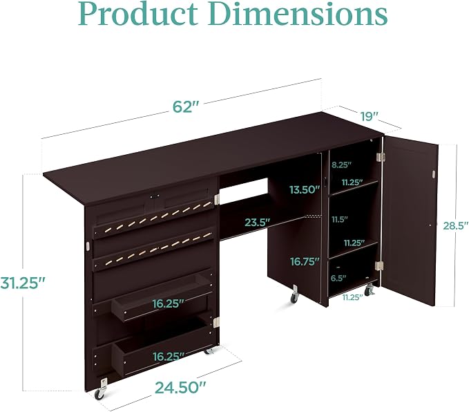 Best Choice Products Large Folding Sewing Table, Caster Wheels, Storage Shelves - Image 2