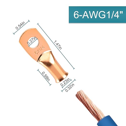 Battery Cable Ends, 8PCS 6 Gauge Wire Connectors 1/4 Copper Wire Lugs, Bare Copper Eyelets with Heat Shrink Tubing