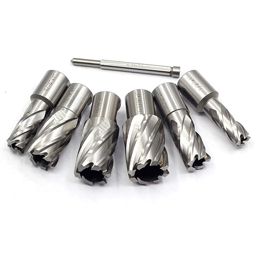 OSCARBIDE Annular Cutter Set 7 Pieces 3/4" Weldon Shank 1"Cutting Depth,1/2 to 1-1/16 inch Diameter,2 Flats Annular Cutters HSS Mag Drill Bits Kit for Magnetic Drill Press with 1 Pieces Pilot Pin