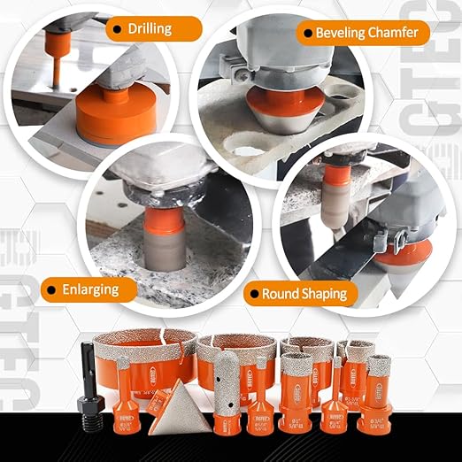 BGTEC Tile Hole Saw Kit Diamond - 12PCS 5/8-11 Thread Drill Bit 6/8/10/19/25/35/50/75/102mm+50mm Chamfer Bit+20mm Finger Bit+SDS Adapter for Pocelian Tile Ceramic Marble Granite Stoneware