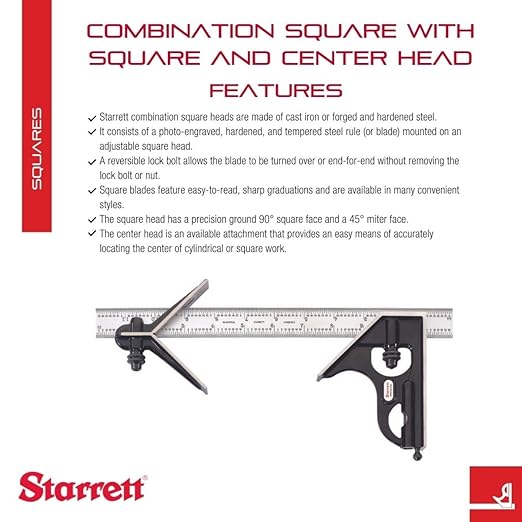 Starrett Steel Combination Square with Square Head and Center Heads - 12" Blade Length, Forged and Hardened Steel Heads, Scriber, Spirit Level, 4R Graduation Type - C33HC-12-4R