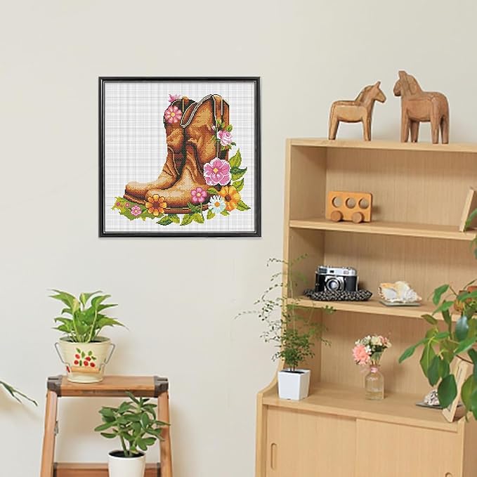 FREEBLOSS DIY Cross Stitch Wall Hanging Kit Boots Full of Flowers Stamped Cross - Image 6