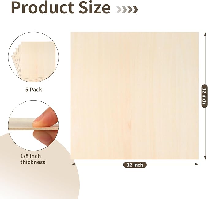Balsa Wood, Plywood Sheet, Unfinished Basswood Blanks, 12×12×1/8 in, Paint; - Image 2