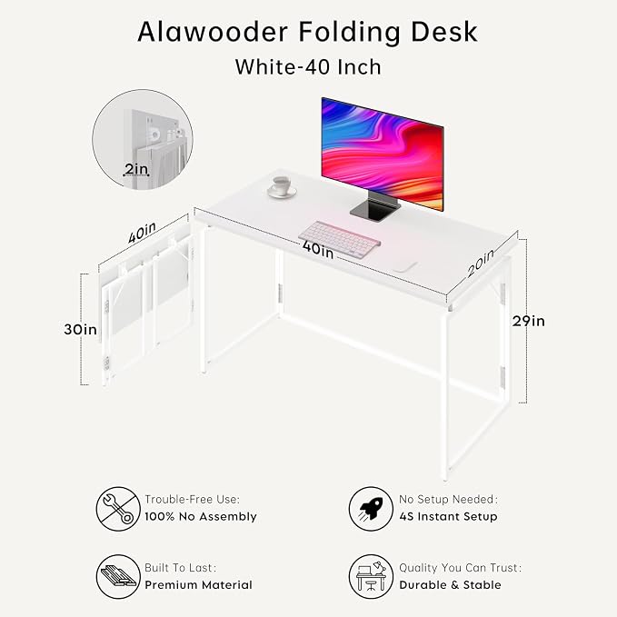 alawooder 39.4" Folding Desk: No Assembly, Wood Top - Image 3
