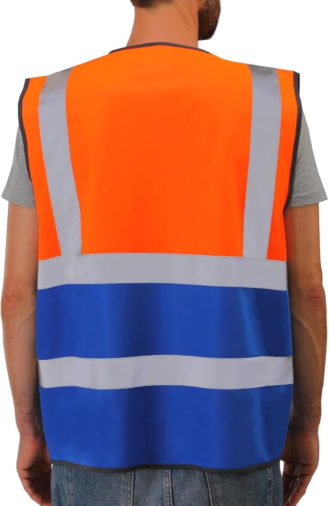 Dib Safety Reflective Vest High Visibility with Pockets and Zipper, Orange and Blue M