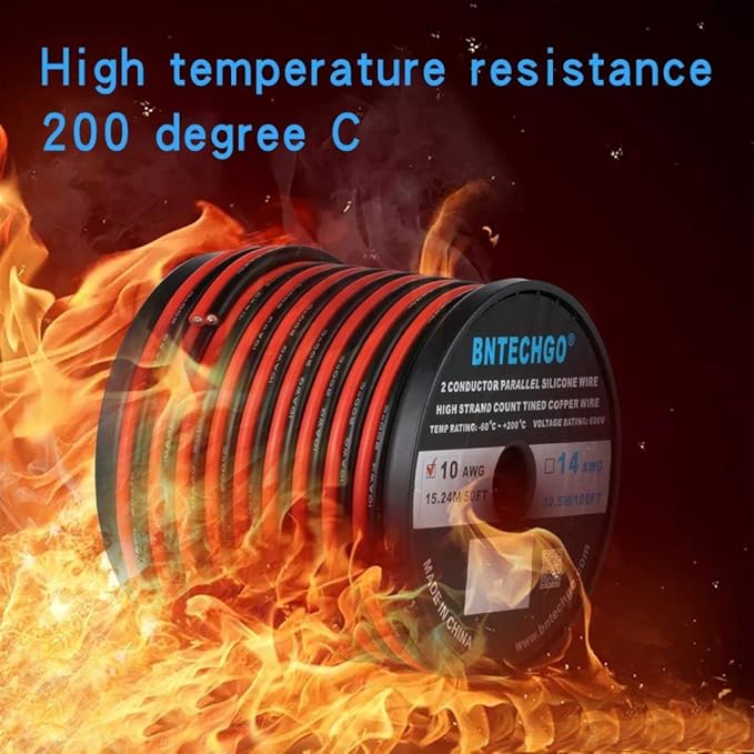 BNTECHGO 10 Gauge Flexible 2 Conductor Parallel Silicone Wire Spool Red Black High Resistant 200 deg C 600V for Single Color LED Strip Extension Cable Cord,Model,50ft Stranded Tinned Copper Wire