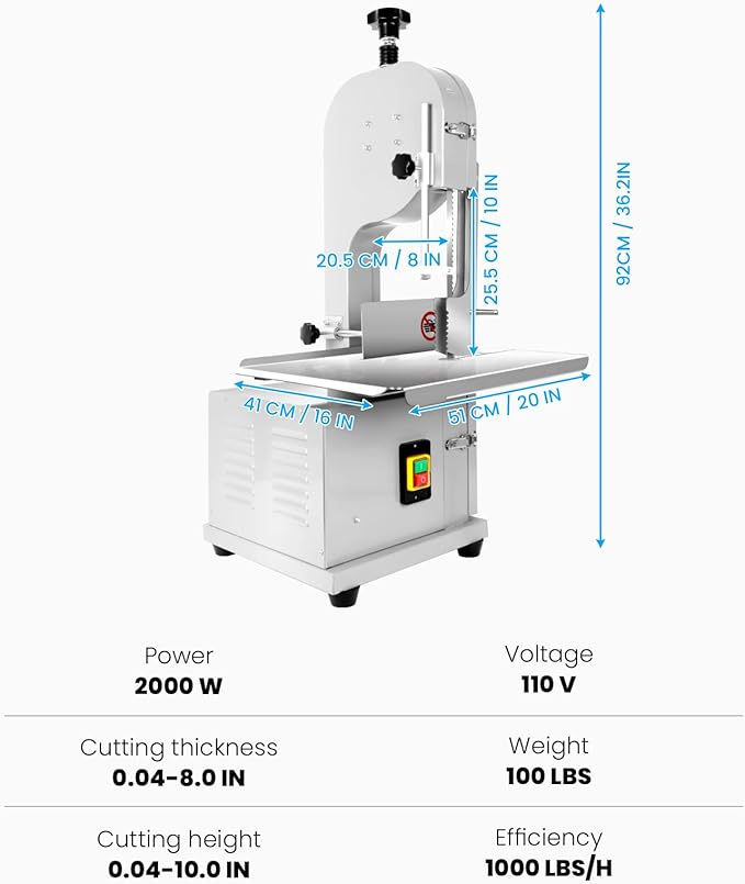 2000W Commercial Bandsaw Machine, 20x16" Stainless Steel Worktable, Cuts 0.04-8" Thickness Electric Bone Saw Machine, Frozen Meat Cutter with 8 Blades Included, for Rib Pork Beef