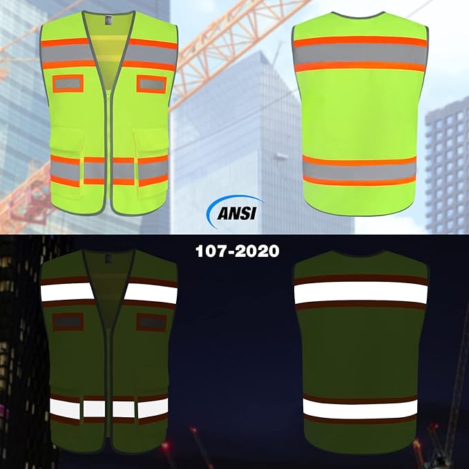 TCCFCCT Reflective Vest with Pockets Safety Vest for Men Women, High Visibility Surveyor Vest with Fluorescent Orange Extend Edge, Meets ANSI/ISEA Standards, Yellow, XL
