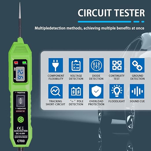 CT03 Power Circuit Tester, 6-24V DC Test Light Short Circuit, Automotive Component Electrical Polarity Identify Continuity Tester, Overload Protection
