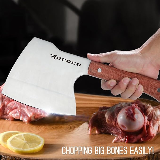 ROCOCO Meat Bone Cleaver Knife for Meat Cutting Heavy Duty Butcher Axes Hand Forged Full Tang Chopper for Kitchen Thanksgiving Christmas Gifts Idea Men Silver