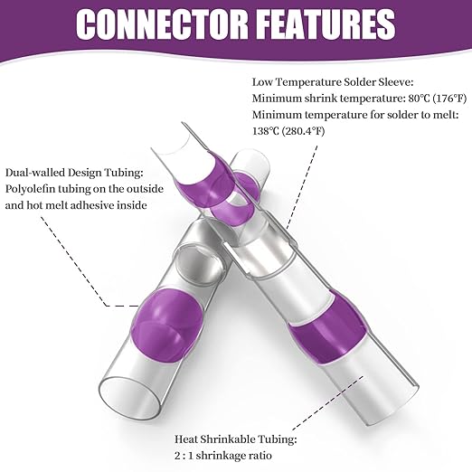 200PCS Purple Solder Seal Wire Connectors 14-12 AWG, Marine Grade Self Soldering Heat Shrink Wire Connectors Waterproof Insulated Electrical Butt Splice Wire Terminals for Automotive Boat Truck