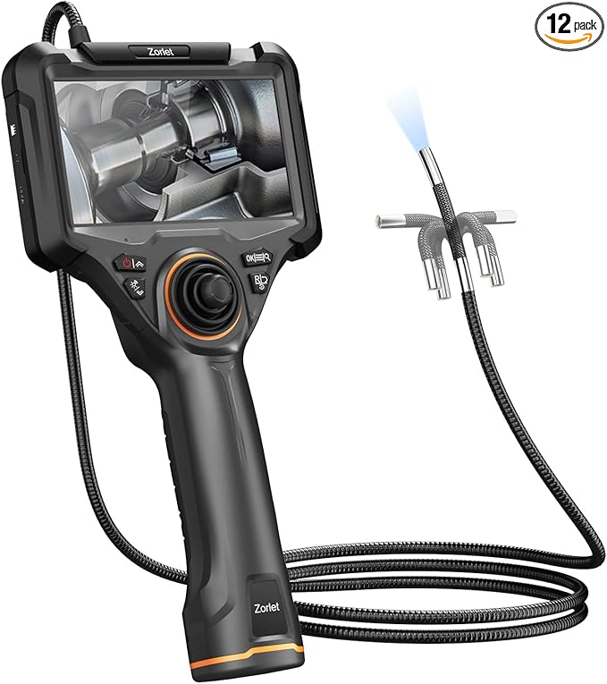 360 Articulating Borescope, 5" Monitor, 6.2mm Industrial Inspection Camera with 4-Way Joystick Articulation and 5.0FT Semi-Rigid Snake Tube, HD Endoscope for Automotive, Pipe & Equipment