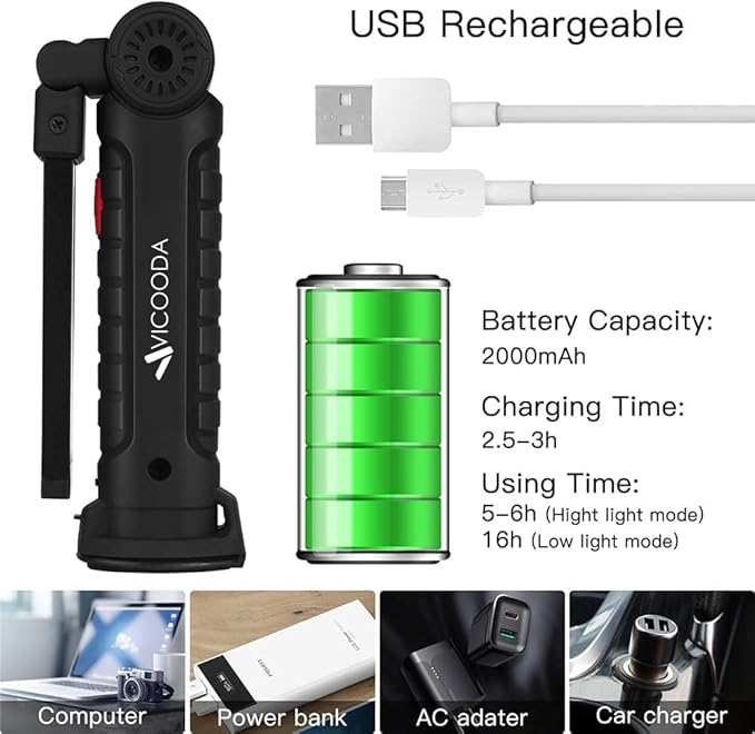 LED Rechargeable Work Light with Magnetic Base, Hanging Hook, 360° Rotate, 5 Modes, USB Portable Mechanic Light for Car Repair, Grill, Outdoor, Emergency, Tight Spaces (4 Pack)