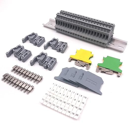 Erayco DIN Rail Terminal Blocks Kit, 20PCS UK2.5B Terminal Blocks 12 AWG Gauge, 20A 600V, 2PCS Ground Blocks, 4PCS Jumpers, End Stopper, End Covers, Marker Strip, 1Pcs 8" Aluminum Rail