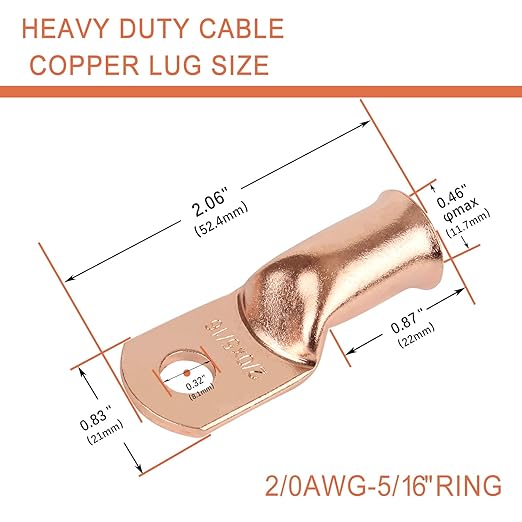 10pcs 2/0 AWG-5/16”(M8) Ring Terminals 00 Gauge Copper Wire Lugs Battery Cable Ends Heavy Duty Battery Cable Terminal Connectors