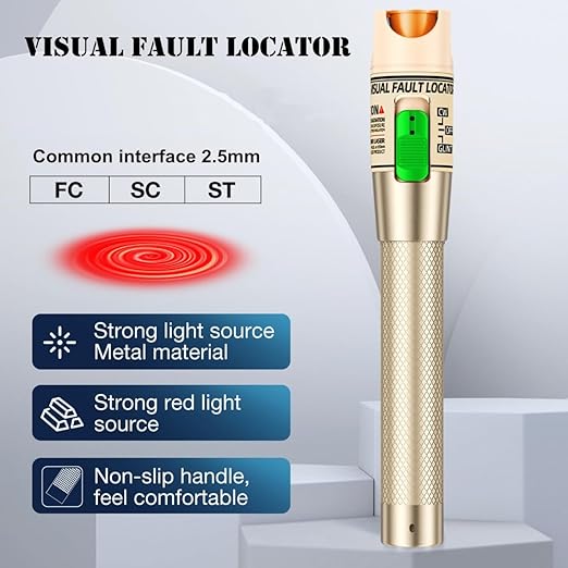 Visual Fault Locator,30-50KM Fiber Optic Cable Tester Meter, VFL Red Light Pen Light Source Testers (Golden)