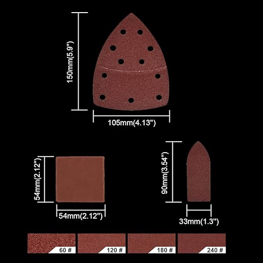 120 PCS Mouse Sander Sandpaper 60/120/180/240 Grit with Holes Hook and Loop Detail Sander Finger Sander Pads for Woodwoking Drywall