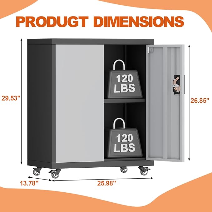31.5''H Metal Garage Storage Cabinet with Wheels, Small Tool Storage Cabinets with Lock, Lockable Steel Rolling Tool Chest with Doors & Adjustable Shelves for Garage, Home, Office