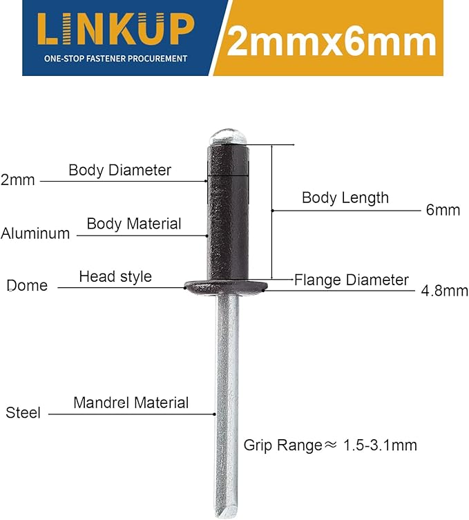 Linkup 200pcs pack 2mm x 6mm Black pop blind Rivets, 1/12" x 8/35" small Black pop rivets,Aluminum Body Steel Mandrel Rivets (Black),Dome Head aluminum rivets