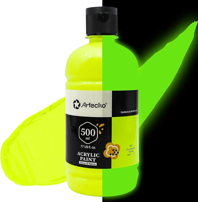 Artecho Yellow Glow in the Dark Acrylic Paint 500ml / 17oz Large Bottle | Semi by Artecho