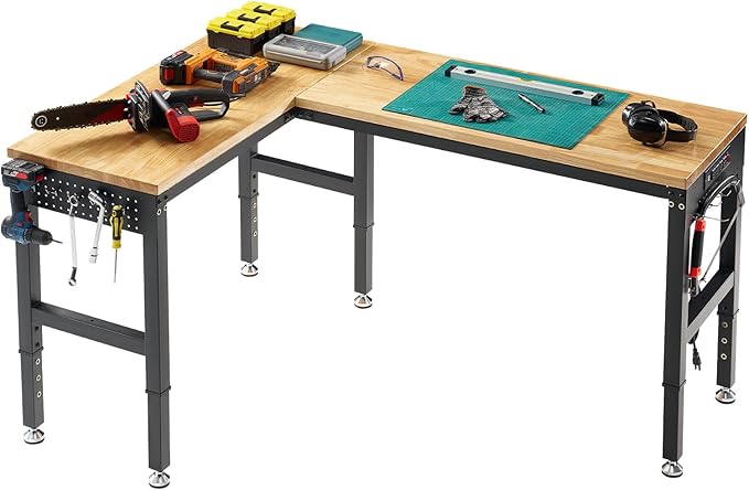 Albott 68"x48" L-Shaped Adjustable Workbench with Storage & Power Strip, Heavy Duty Tool Bench for Woodworking, Garage, Workshop, Home Office, 6000LBS Load, Pegboard & Hooks, ETL Certified