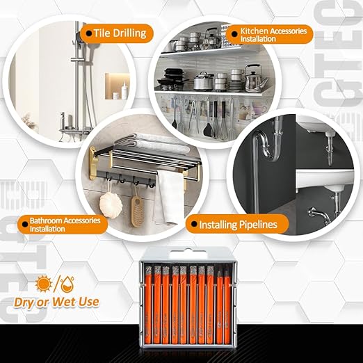 BGTEC Dry Diamond Drill Bits Set - 5pcs 1/4" Tile Drill Bits and 5pcs 1/4" Carbide Drill for Granite Marble Porcelain Ceramic