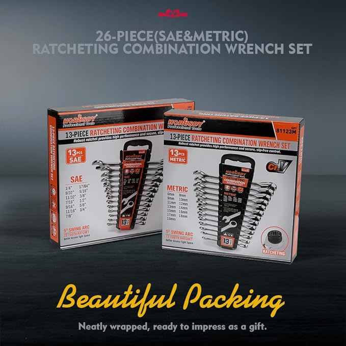HORUSDY 26-Piece Ratcheting Wrench Set | Metric and SAE | Ratchet Combination Wrenches Set with Organizer | 72-Tooth | Chrome Vanadium Steel | 6-19 mm & 1/4” to 3/4“ (13-Piece Metric&SAE)