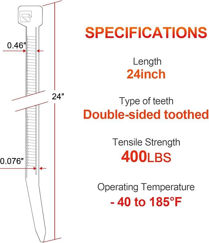 Long Zip Ties Heavy Duty 24 inch，500 LBS Tensile Strength With Double Sided Toothed Super Durable Cable Ties ，Extra Large Wire Ties Adjustable Nylon Tie Wraps for Indoor Outdoor （100 Pack Black）